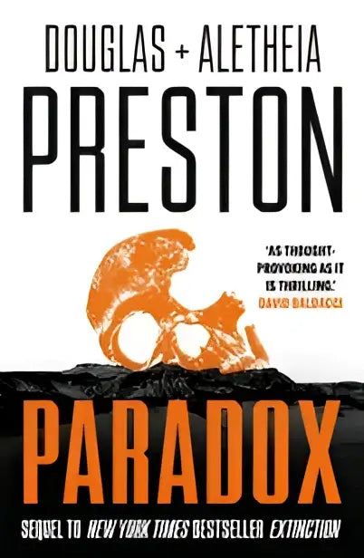 Boek parodox met oranje schedellogo op zwart omslag wit tekst twisty supernatural-themed thriller vervolg bestsellernovel extinction
