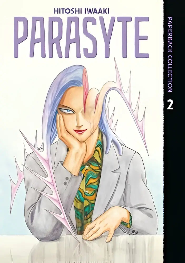 Cover of parasyte paperback collection 2 featuring character with blue and pink hair in gray blazer over patterned shirt