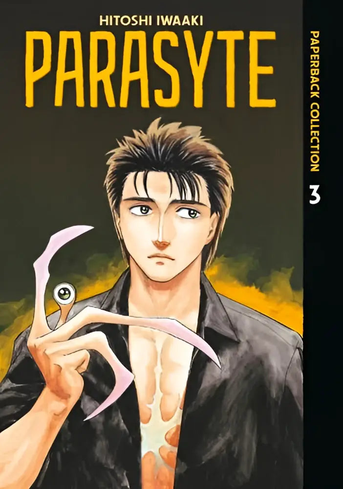 De cover van de parasyte paperback collection 3 toont een man in zwarte jas met een lichtroze parasiet met een oog