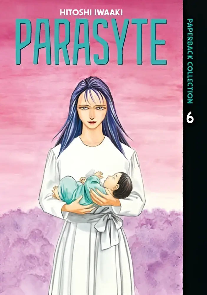 De cover van parasyte paperback collection 6 toont een vrouw met paars haar die een baby vasthoudt tegen roze en lavendel achtergrond