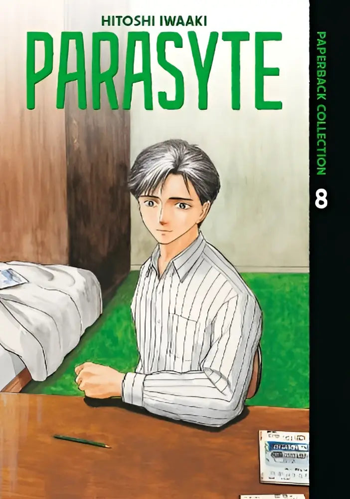 Groene parasyte manga cover met jonge man in grijze haren en gestreept shirt in parasyte paperback collection 8