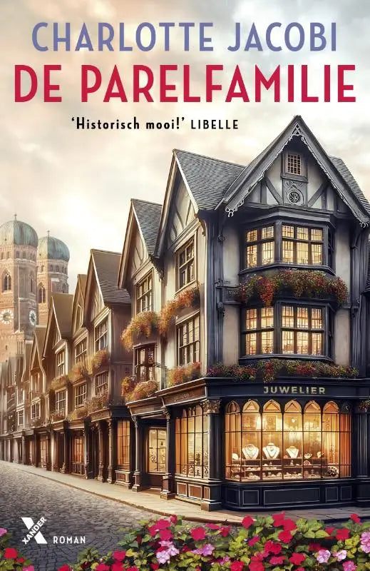 Cover van het boek de parelfamilie door charlotte jacobi met een zwartwit vakwerkhuis en juwelierswinkel