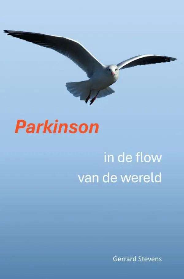 Seagull met witte en grijze veren en rode snavel tegen blauwe lucht bij parkinson in de flow van de wereld product