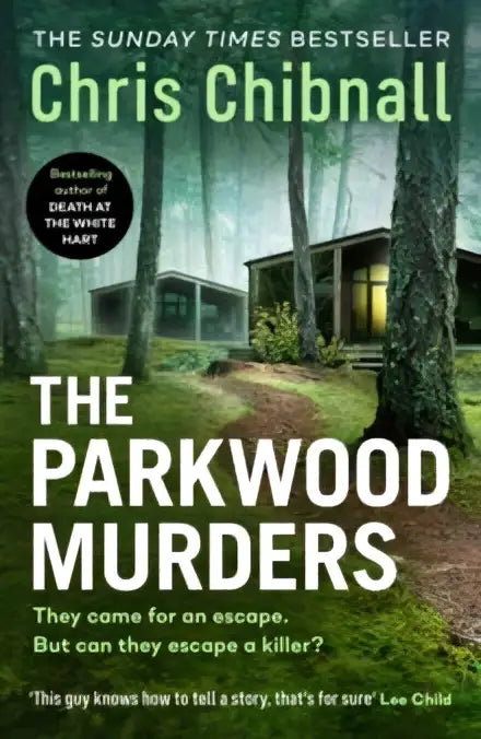 Hardcover signed edition of parkwood murders by chris chibnall with dark forest cover on holiday resort murder theme