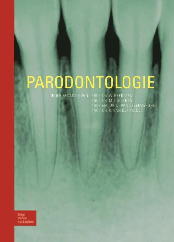 De boekcover van parodontologie door bsl media toont een groene tandheelkundige röntgenfoto met gele titel en redacteursnamen