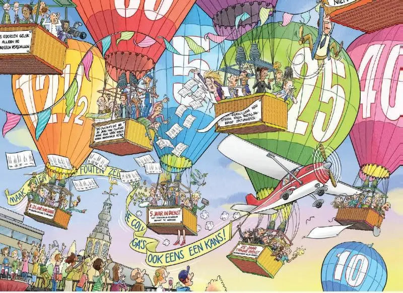 Party puzzle jubileum met kleurrijke heteluchtballonnen en banners in een cartoonlucht door rené leisink