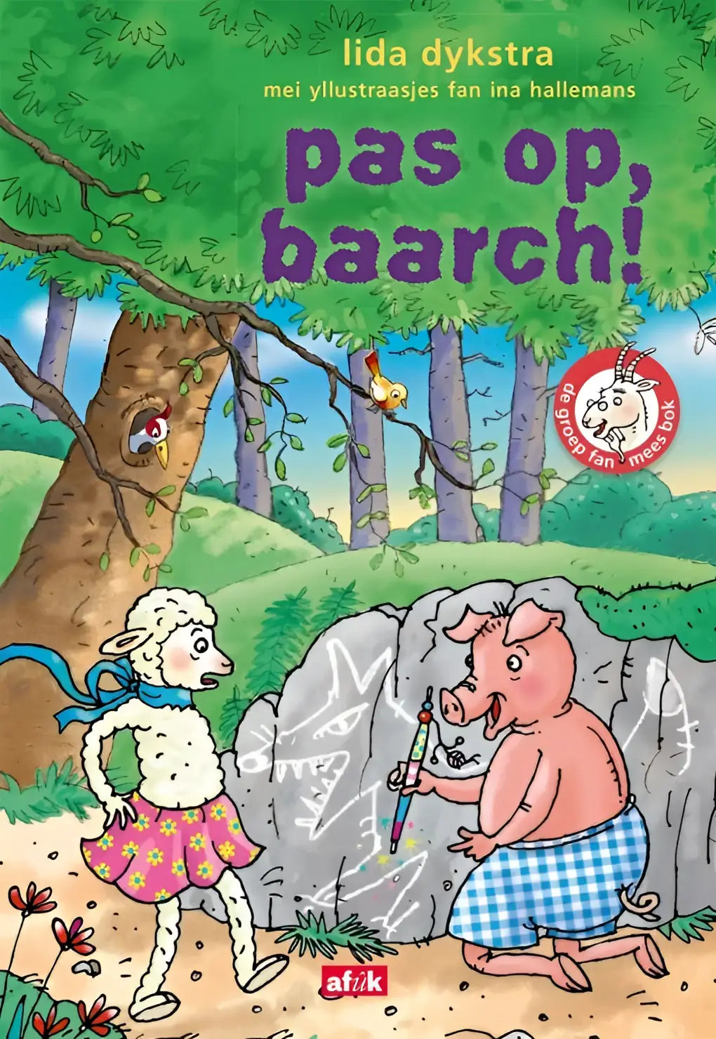 Een kleurrijk kinderboek pas op baarch met een cartoonvarken en schaap in een bosrijke omgeving