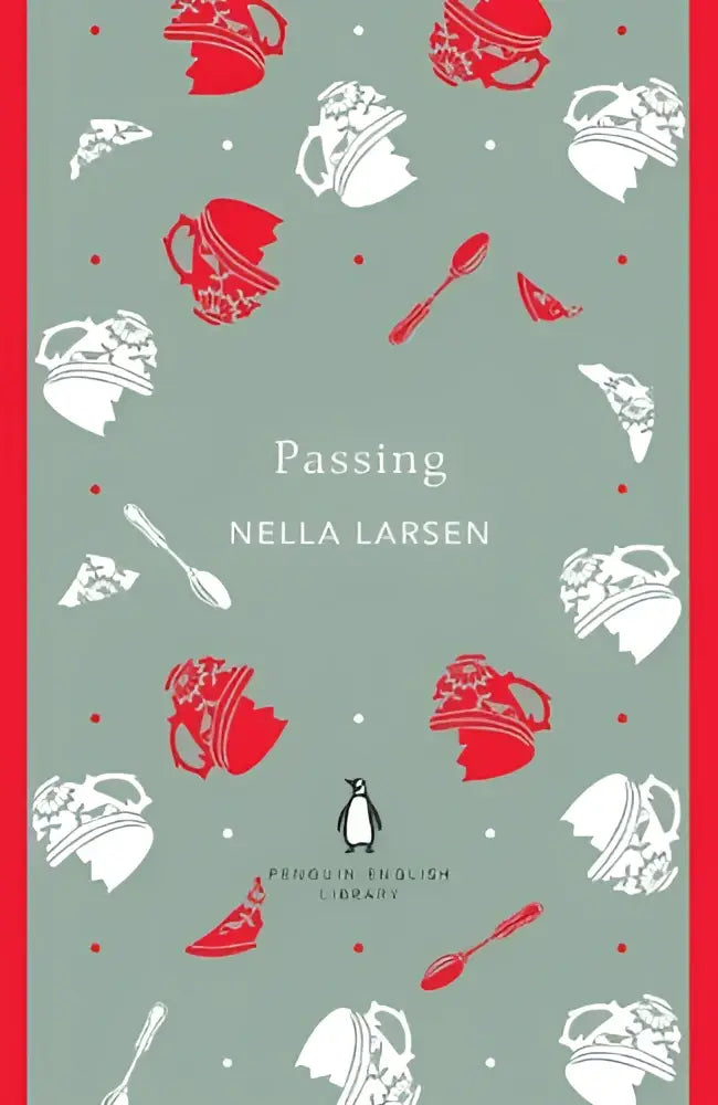 De boekcover van passing toont een lichtgroene achtergrond met rode en witte illustraties van gebroken theekopjes en stukken fruit en clare kendry has severed all connection