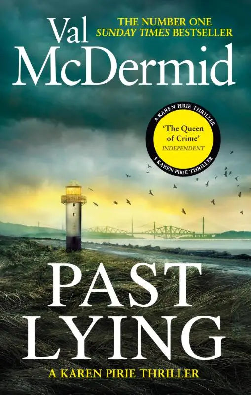 The book cover of bestselling thriller starring karen pirie shows a white and black striped lighthouse illuminated against a moody sky
