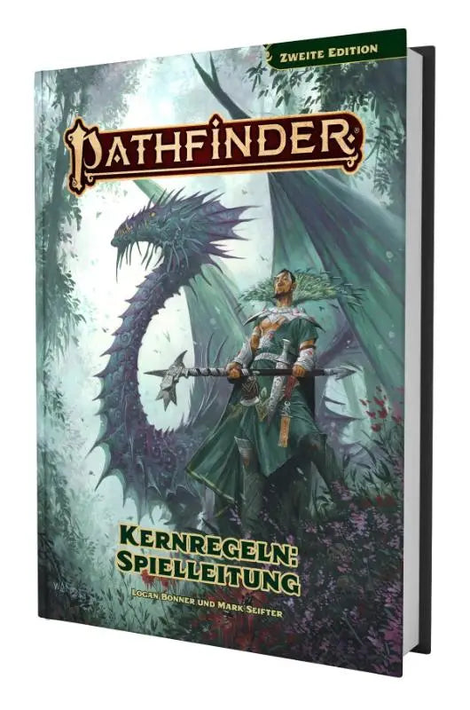 Pathfinder 2 kernregeln spelleiding hardcover met groen zwarte omslag met krijger en draak in mistig bos