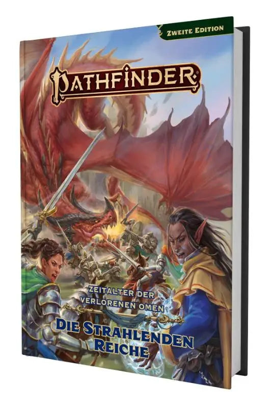 De pathfinder 2 zeitalter dvo die strahlenden reiche boek met kleurrijke fantasyillustratie en rode drakenvleugels