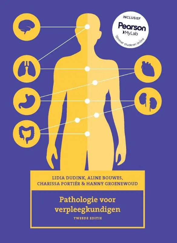 Gele silhouet van menselijk lichaam met gelabelde organen op paarse achtergrond op achterkant pathologie voor verpleegkundigen 2e editie met mylab nl toegangscode