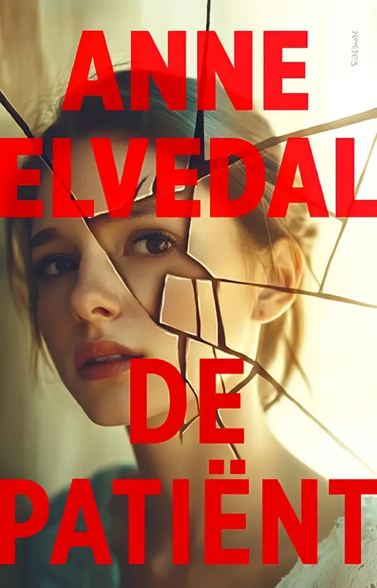 De literaire thriller de patiënt van anne elvedal toont een vrouwelijk gezicht achter gebarsten glas met rode tekst