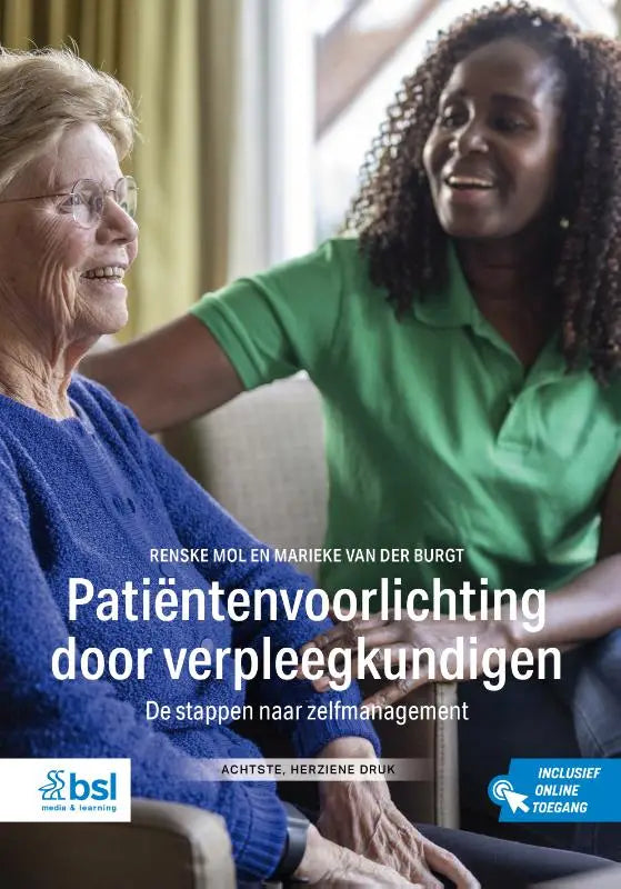 De boekcover van patiëntenvoorlichting door verpleegkundigen door renske mol toont twee lachende vrouwen en is uitgegeven door bsl media
