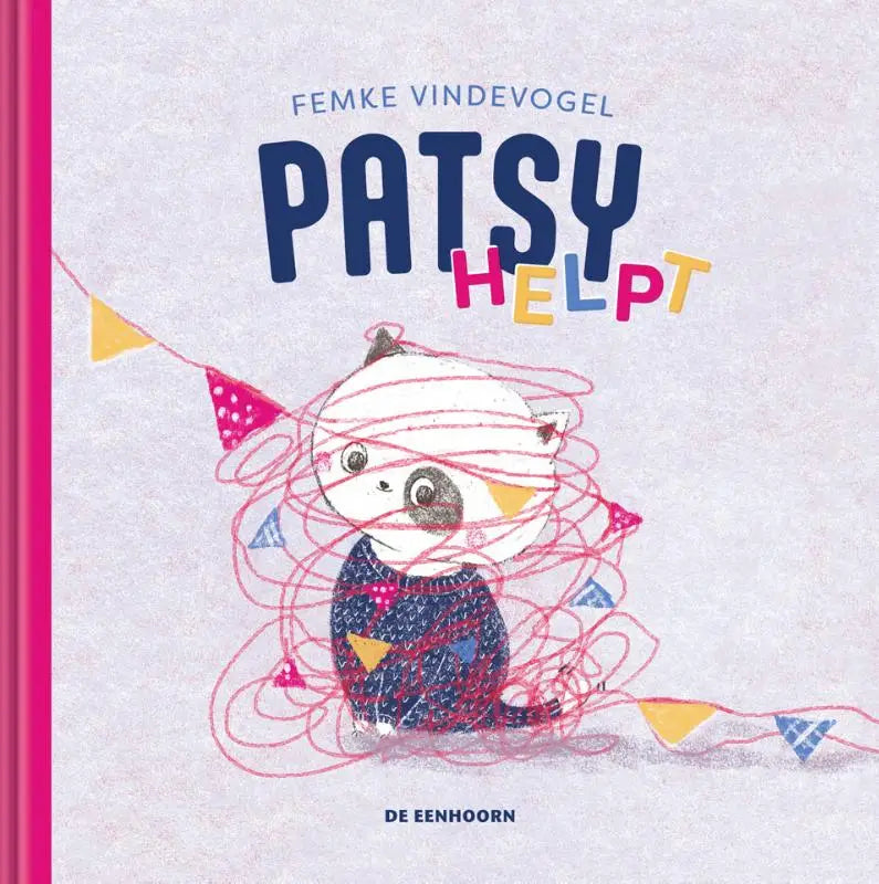 A charmant kinderboek omslag met cartoon wasbeer in marineblauwe trui en rode draad voor jonge lezers patsy helpt