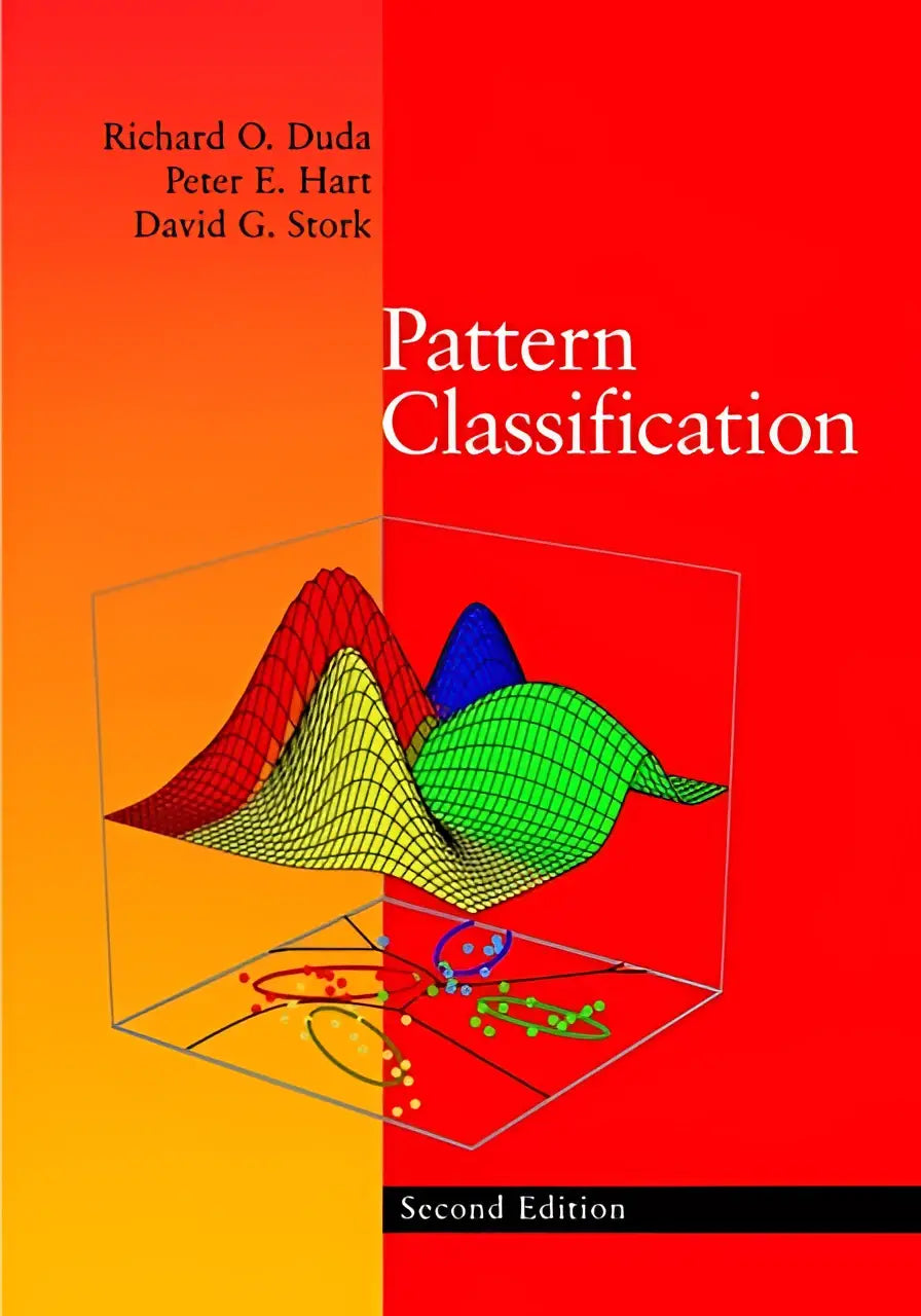 Red and orange gradient book cover of pattern classification featuring a 3d wireframe graph for pattern recognition at san jose state