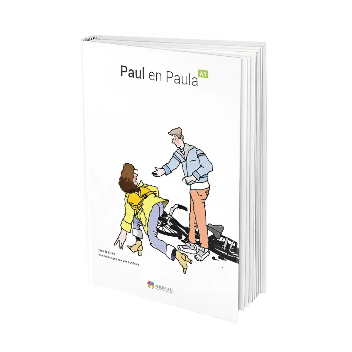 Witte hardcover boek paul en paula a1 met cartoonillustratie van twee personen en een fiets op de voorkant