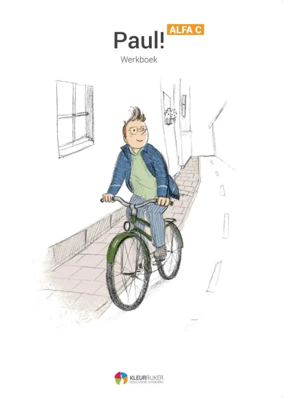 Cover van het paul werkboek door alfa c met een cartoon van een jongen op een groene fiets op een kasseienstraat