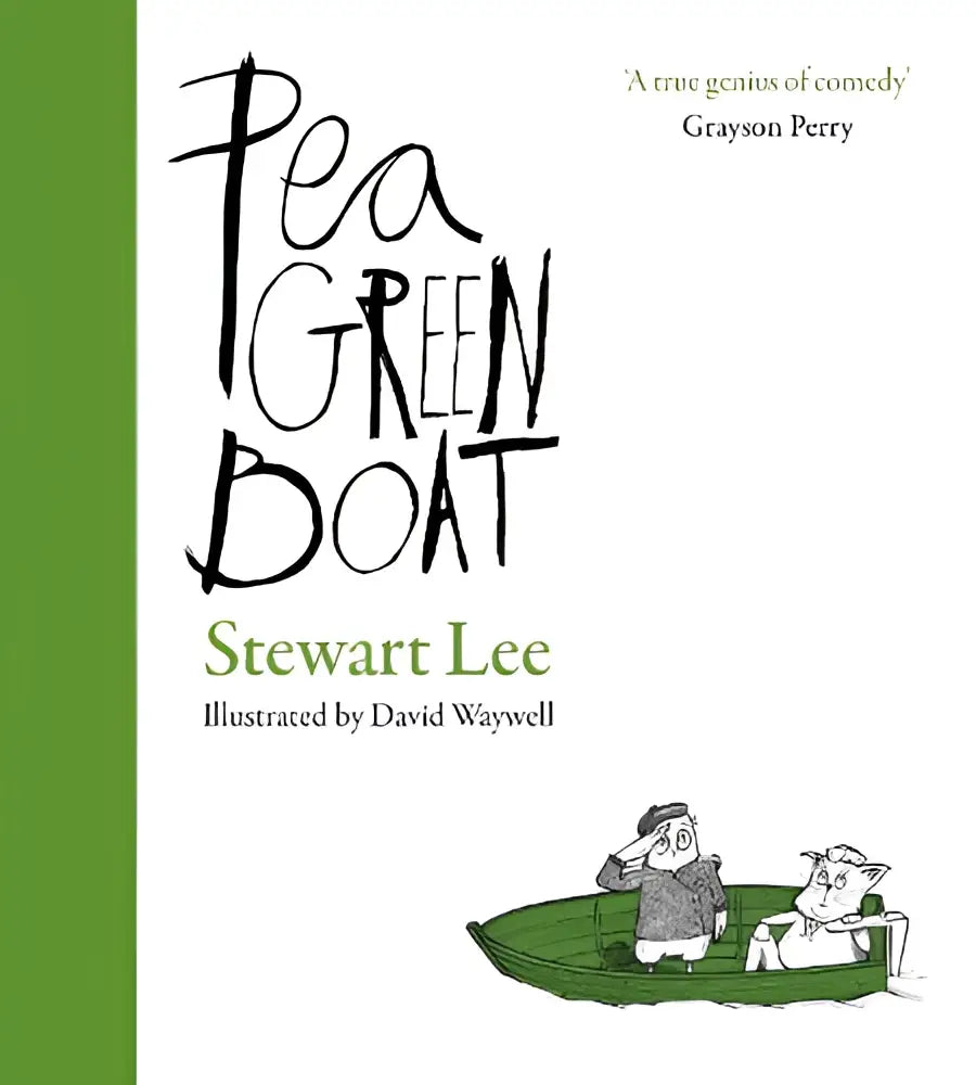 Cover van een pea green boat boek met zwarte handgeschreven titel en illustraties van twee cartoonfiguren in een boot