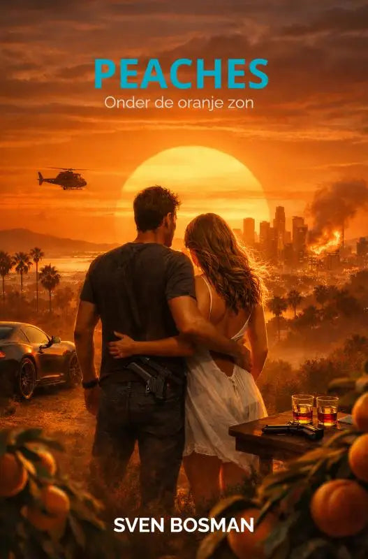 De boekcover van Peaches toont een paar dat elkaar omhelst tegen een oranje zonsondergang boven een brandende stad