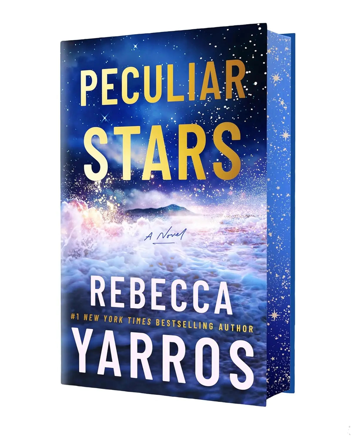 A special edition hardcover of peculiar stars by rebecca yarros with a deep blue cover and golden star and wave design