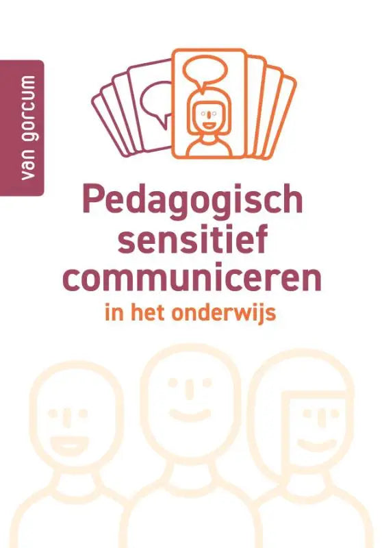 Boekcover van pedagogisch sensitief communiceren in het onderwijs met minimalistische oranje lijntekening van gezichten en tekst