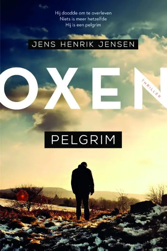 De pelgrim boekcover toont de titel oxen in witte letters met een silhouet van een man tegen een dramatische lucht