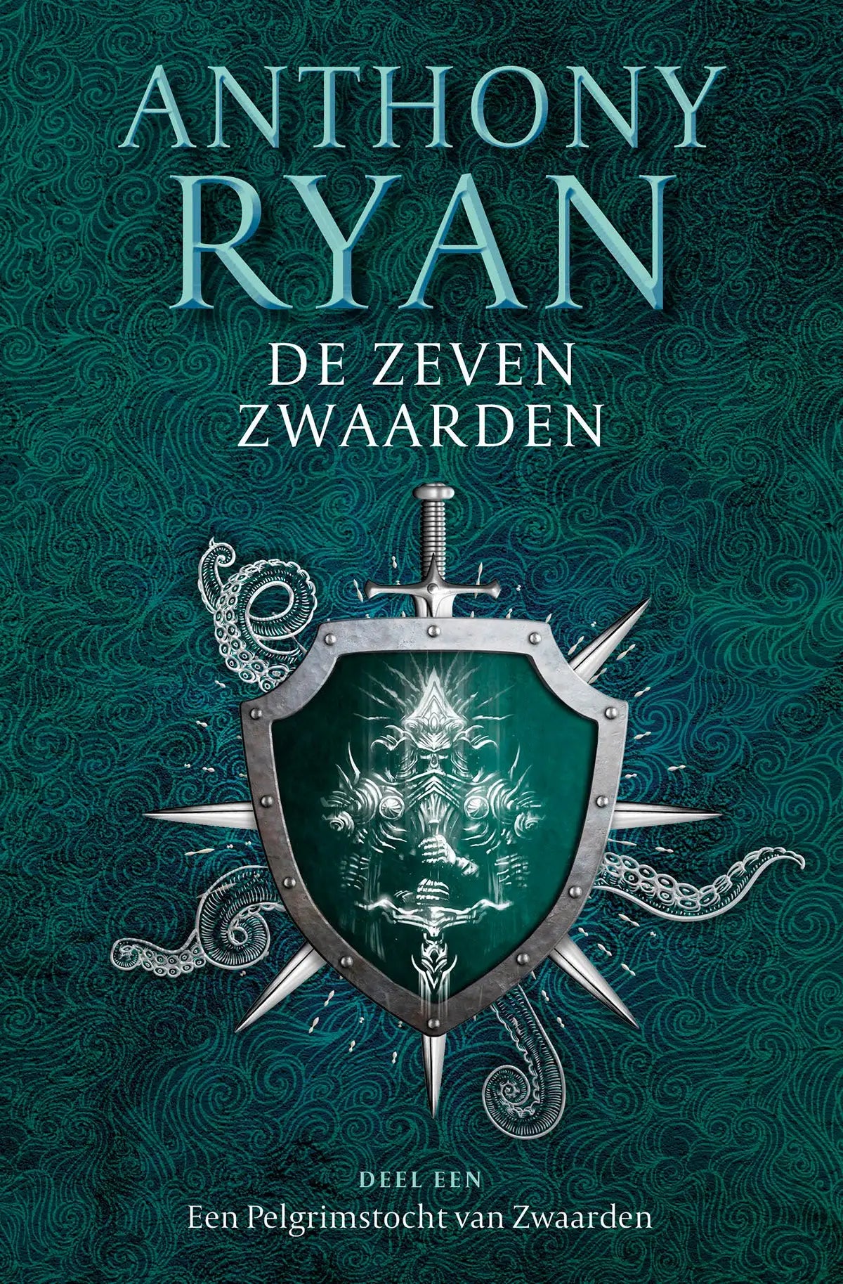 De boekcover van een pelgrimstocht van zwaarden toont een metalen zilveren schild met een wit gloeiend ontwerp anthony ryan luitingh sijthoff fantasy