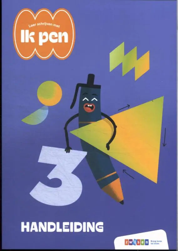 Een cartoonpotloodfiguur met een zwart lichaam en oranje punt houdt een geel driehoekig voorwerp vast voor ik pen