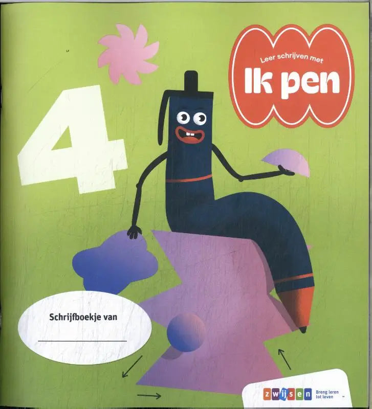 Cartoon blauwe pen met rode punt en zwarte armen lacht op de omslag van het schrijfboek ik pen voor kinderen