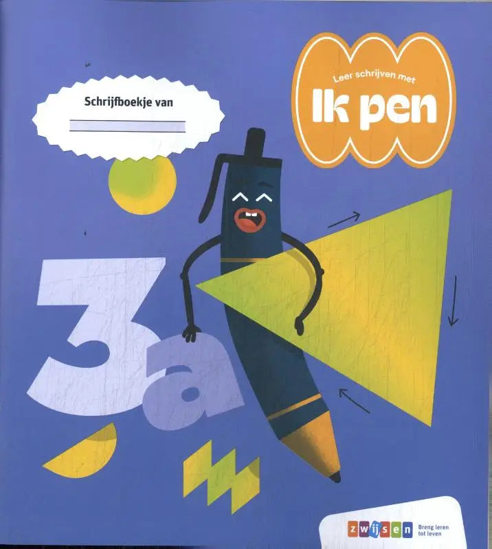 Ik pen is een cartoonachtige zwarte pen met een gele punt en oranje accenten, voorzien van expressieve ogen en armen