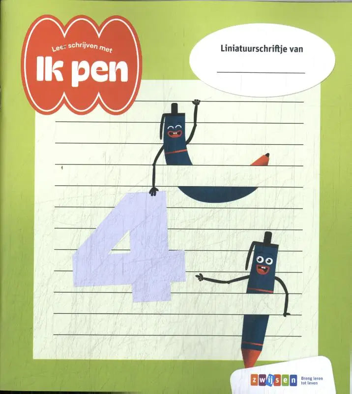 Een speelse blauwe cartoonpen met glimlachend gezicht en armen die het nummer vier vasthoudt op gelinieerd papier in ik pen