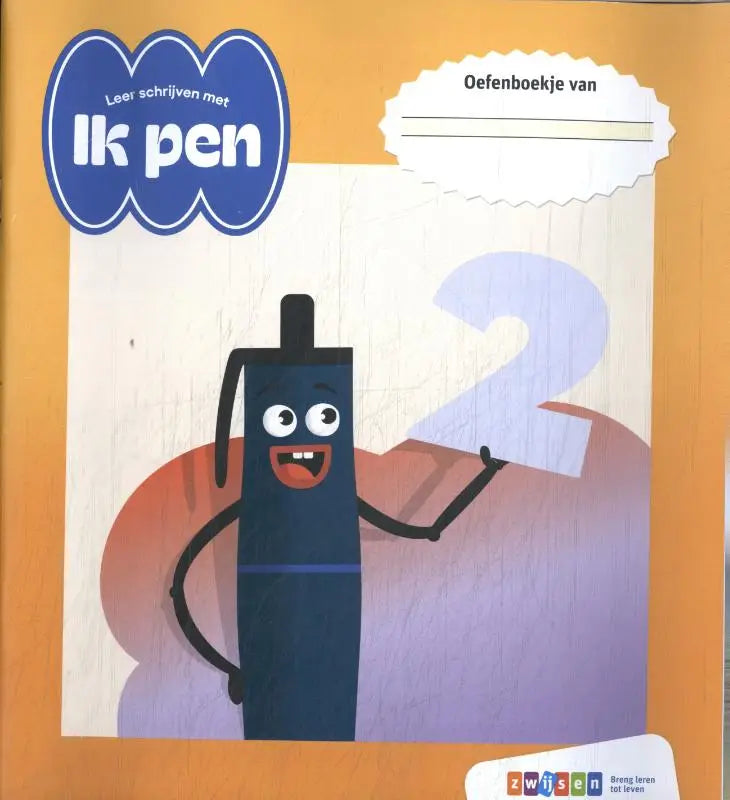 Blauwe cartoon pen ik pen met glimlachend gezicht en armen die het nummer twee vasthoudt