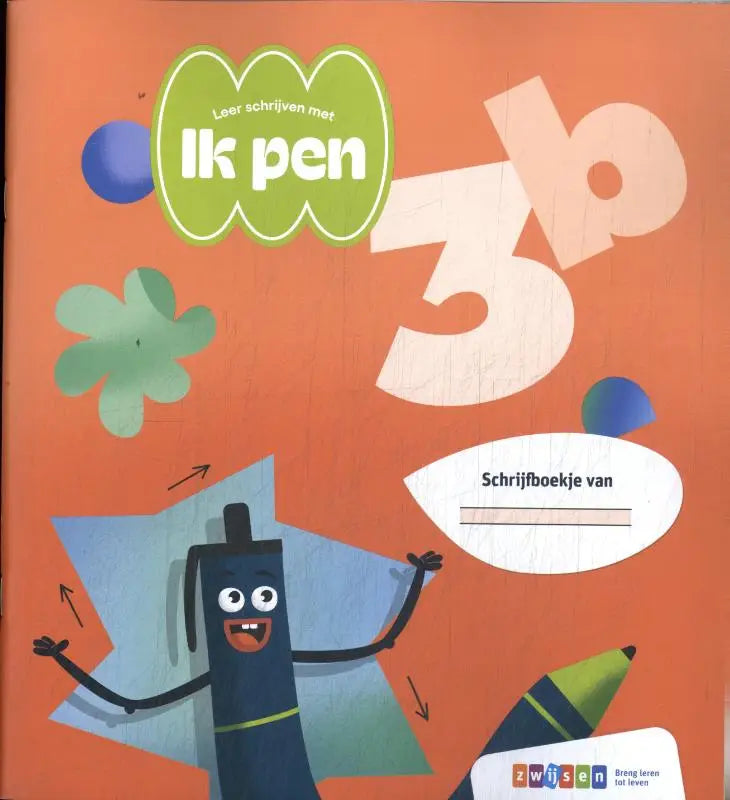 Vibrant oranje omslag van het kinderschrijfboek ik pen 3b met een blauwe penfiguur en speelse geometrische vormen
