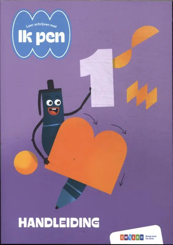 Paarse kaft van het ik pen level 1 schrijfboek van zwijsen met een blauwe potlood cartoon die een oranje hart vasthoudt