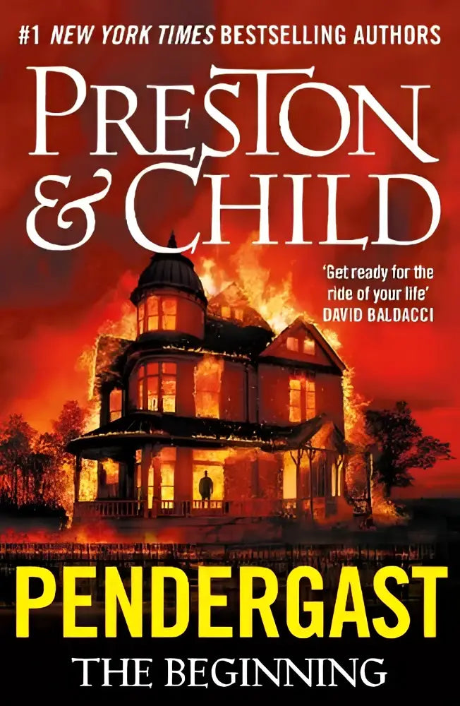 The book cover of pendergast the beginning by bloomsbury publishing plc shows a fiery victorian house against an orange-red sky