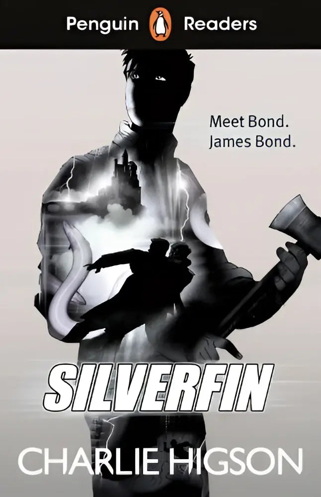 Penguin readers elt graded reader Silverfin boekomslag met James Bond silhouet en stadsbeeld in zwart-wit illustratie