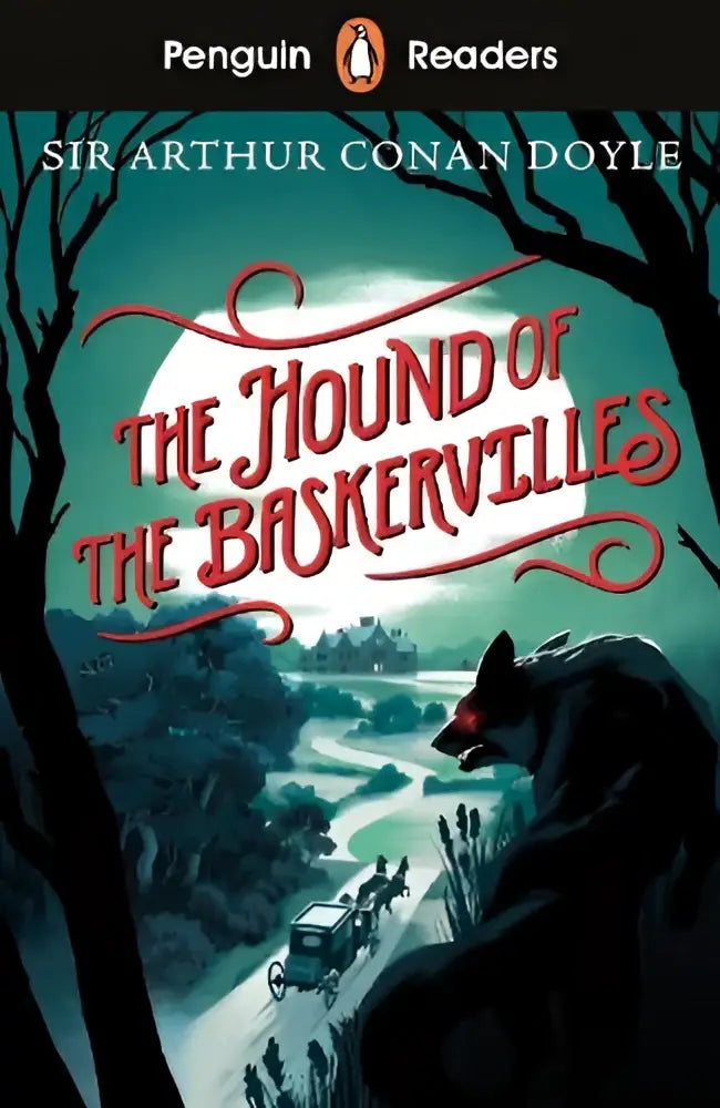 De penguin readers elt graded reader the hound of the baskervilles graphic novel toont een donkere hond met rode ogen onder de maan