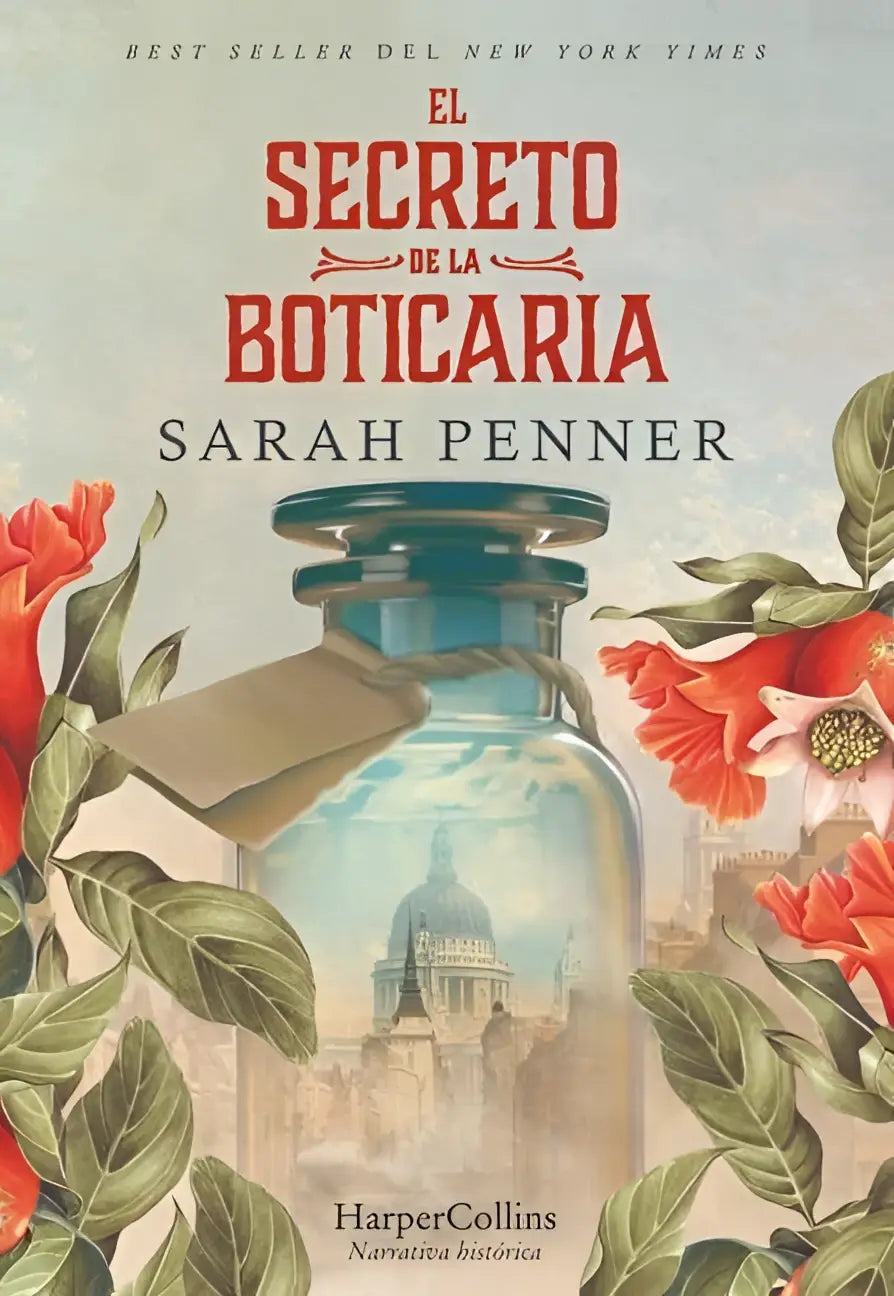 Een heldere glazen apothekerspot met een teal deksel en een illustratie van de lost apothecary in penner s secreto de la boticaria