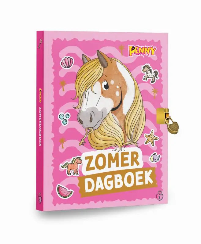 Roze penny zomerdagboek kinderen met cartoonpaardillustratie en gouden slot voor veilig dagboeken