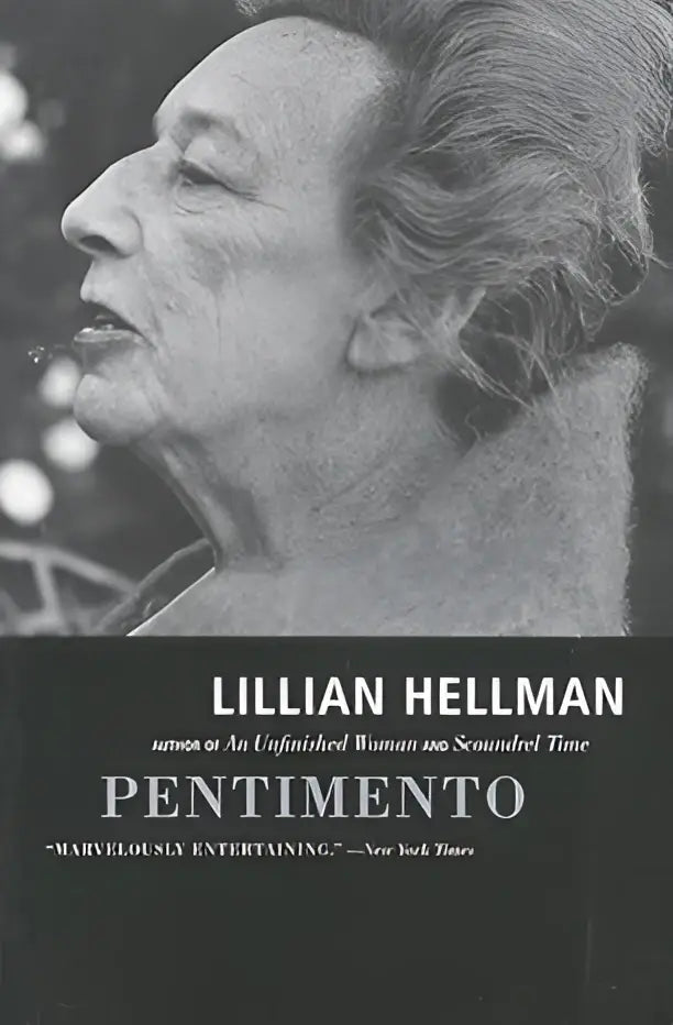 Zwartwit omslag van het boek Pentimento door Lillian Hellman met de titel duidelijk zichtbaar in het midden