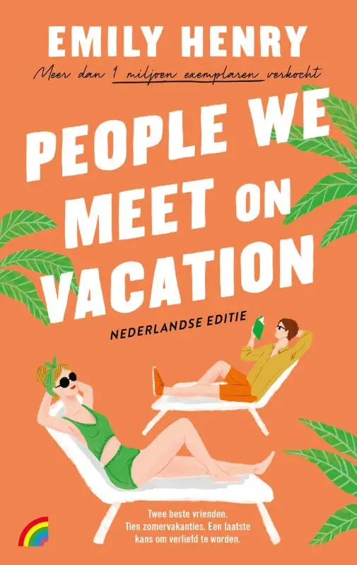 Oranje boekomslag van people we meet on vacation van emily henry met illustraties van twee personen op het strand