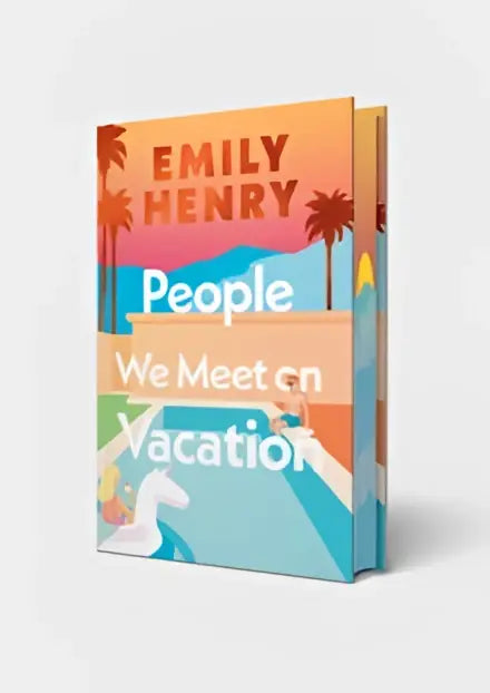Het boek people we meet on vacation special edition van emily henry heeft een kleurrijke tropische omslag met palmbomen en strandbeelden in oranje blauw en teal tinten jaren geleden