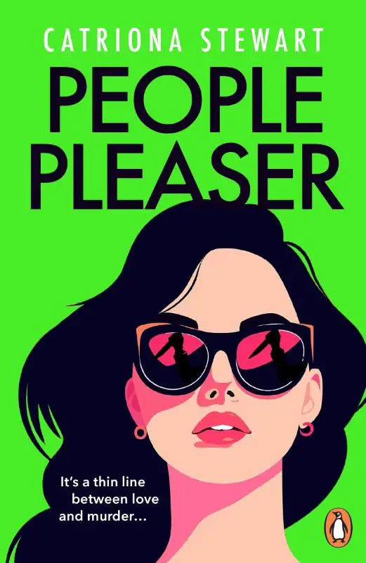 Felgroene boekomslag van people pleaser met gestileerde vrouw met zwart haar en roze zonnebril