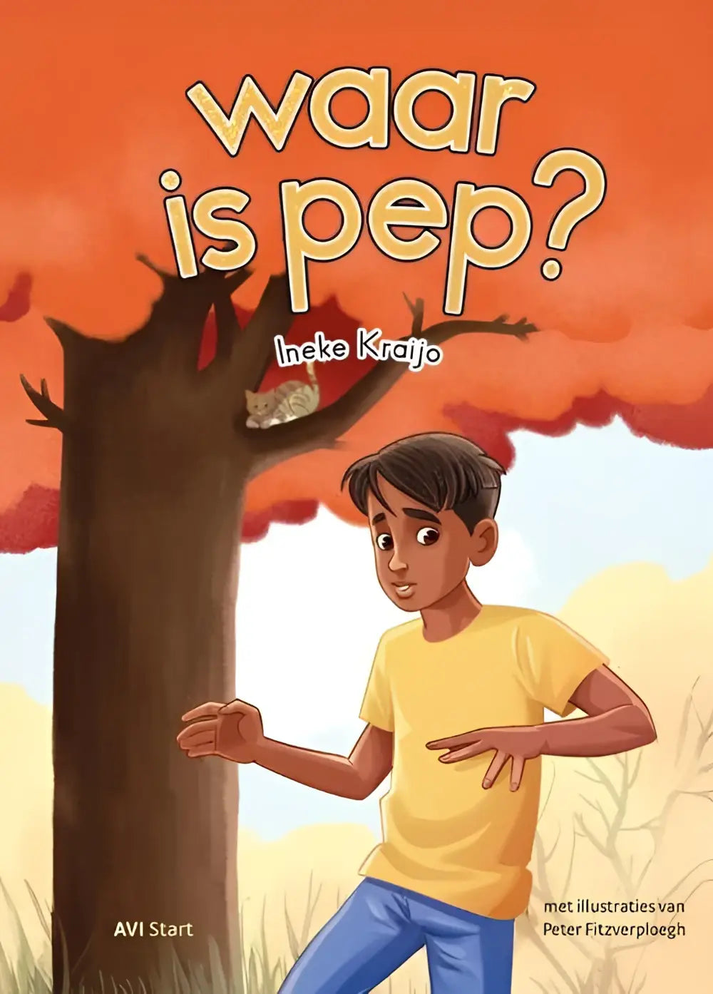 De cover van de nederlandstalig hardback waar is pep door ineke kraijo uit de serie leesvlam met een jongen en kat