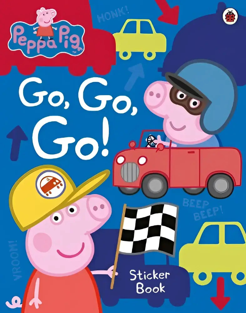Rode vintage-stijl auto met zwarte grille en ronde koplampen, peppa pig met zonnebril rijdend in creatieve kinderboeken peppa pig go go go
