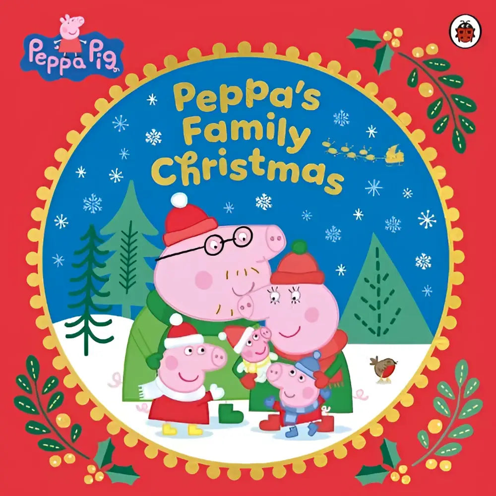 Peppa pig family christmas boekcover met peppa george mummy pig en daddy pig in feestelijke winterkleding in sneeuwachtig bos