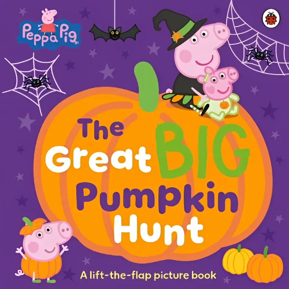 Een levendige oranje pompoen met groene steel en de titel the great big pumpkin hunt van peppa pig op de voorkant