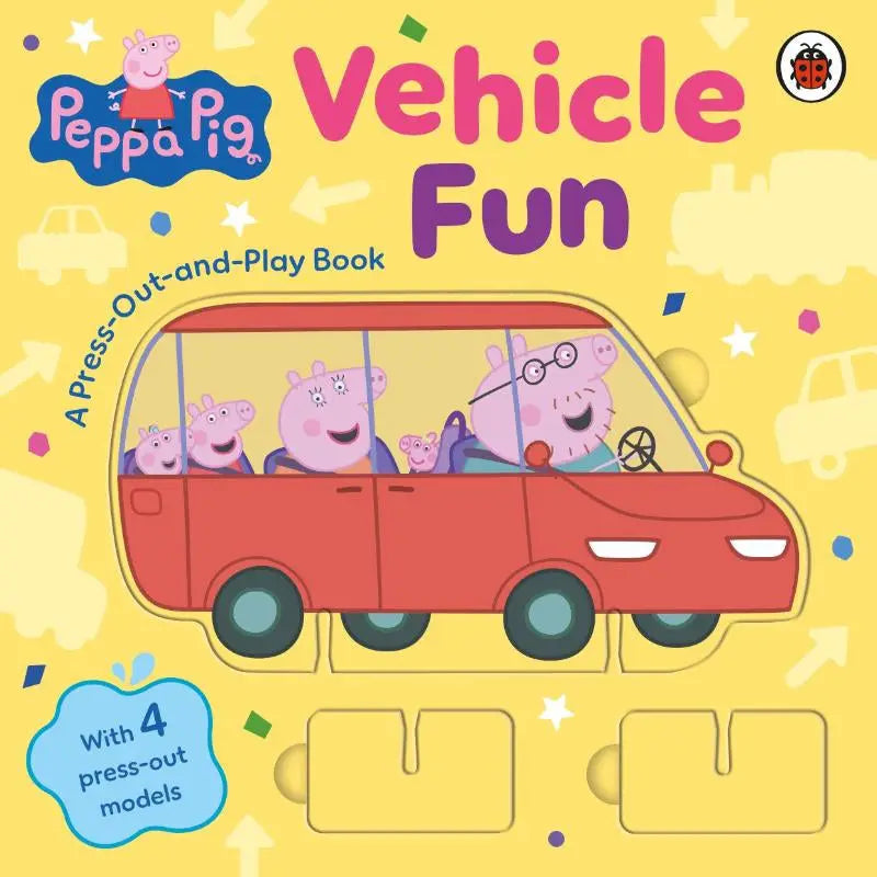 Peppa pig vehicle fun board book featuring a red family van with cartoon characters on a children’s press-out-and-play cover