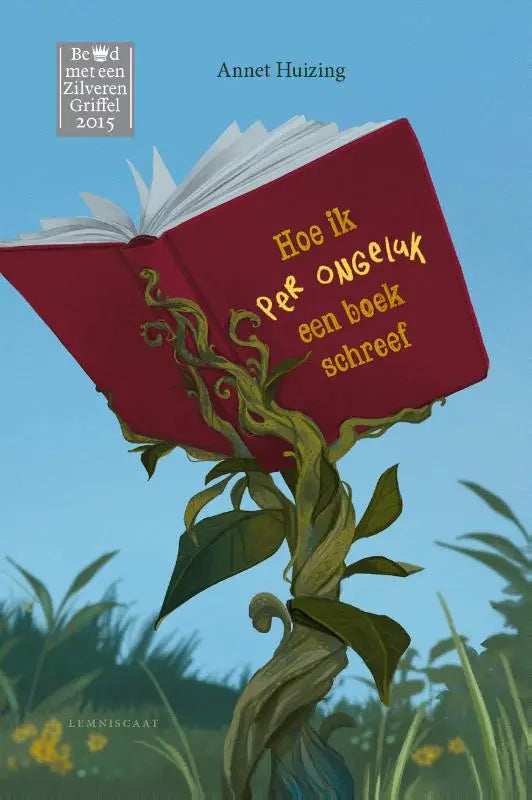 Een rood boek met gouden letters open en groeiend uit een rank in een geïllustreerd veld voor Hoe ik per ongeluk een boek schreef